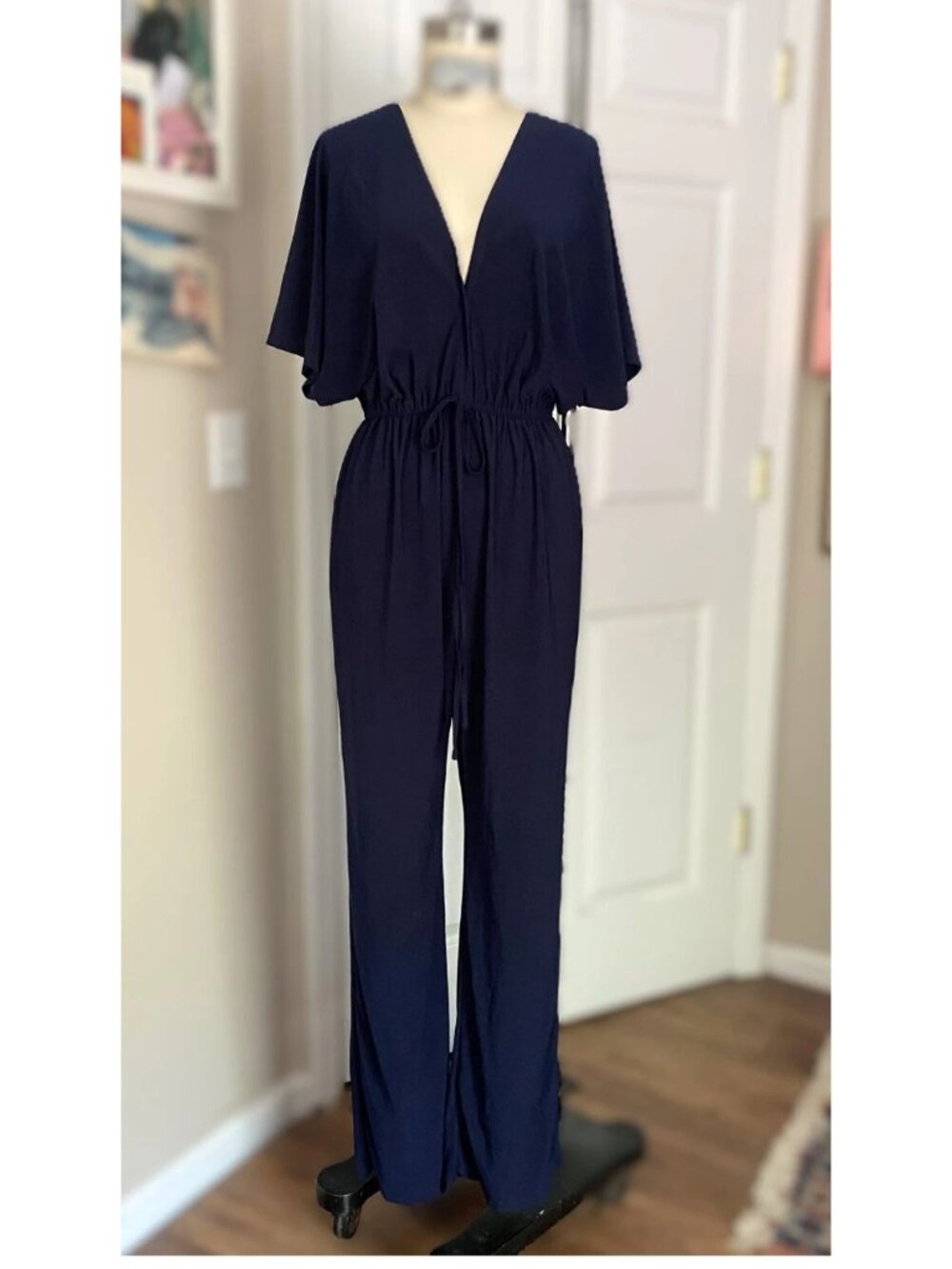 KOH KOH Navy Blue TIED Smocked DOUBLE V neck stretch Romper Jumpsuit *SMALL*